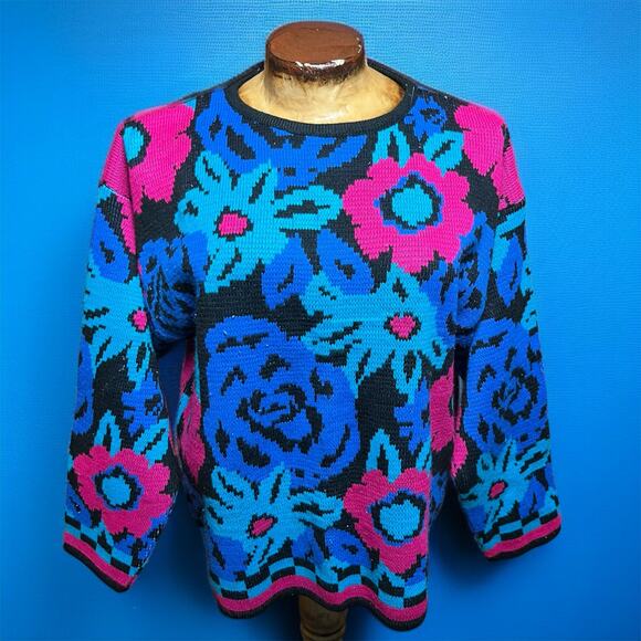 VINTAGE 80s Floral Mod Knit Sweater Size L Cropped Retro Mod Country Concepts - Picture 1 of 4